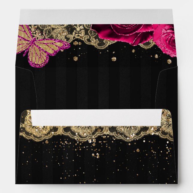 Pink Roses Butterfly Black Gold Lace  Envelope (Back (Bottom))