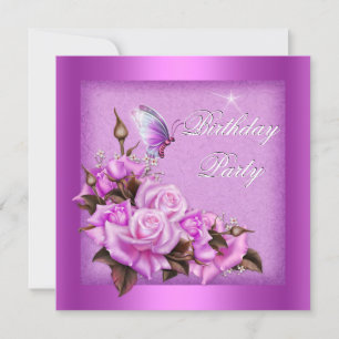 Pink Roses Butterfly Floral Birthday Party Invitation