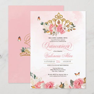 Pink Roses Butterfly Quinceanera Gold Tiara Invitation