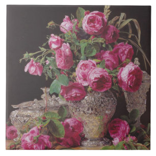 Pink Roses (by Ferdinand Georg Waldmüller) Ceramic Tile