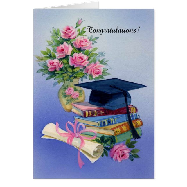 Pink roses cap graduation customisable card (Front)
