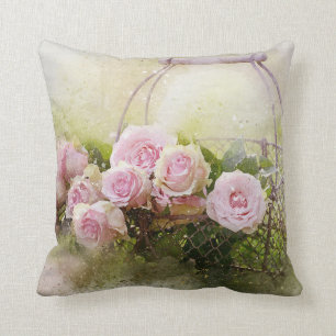 Pink roses / carnations in a basket cushion