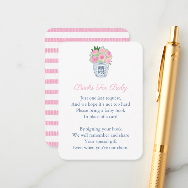 Pink Roses Chinoiserie Bring A Book Baby Shower Enclosure Card (Front/Back In Situ)