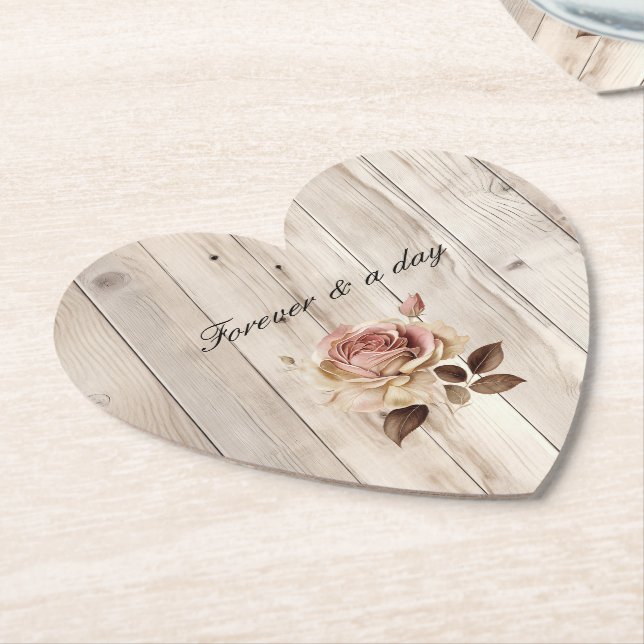 Pink Roses Cream White Wood Wedding Paper Coaster (Angled)