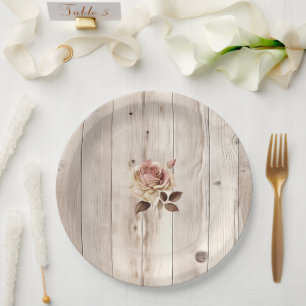 Pink Roses Cream White Wood Wedding Paper Plate