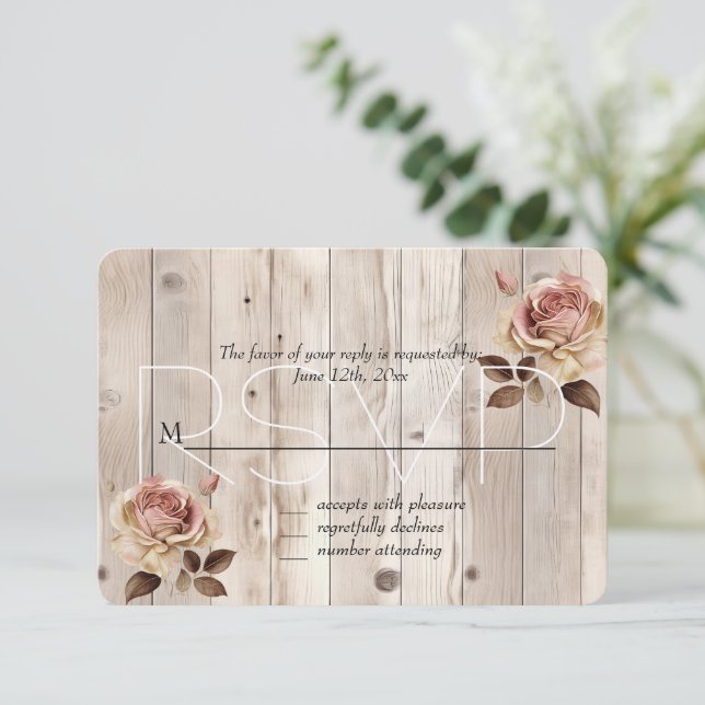 Pink Roses Cream White Wood Wedding RSVP (Standing Front)