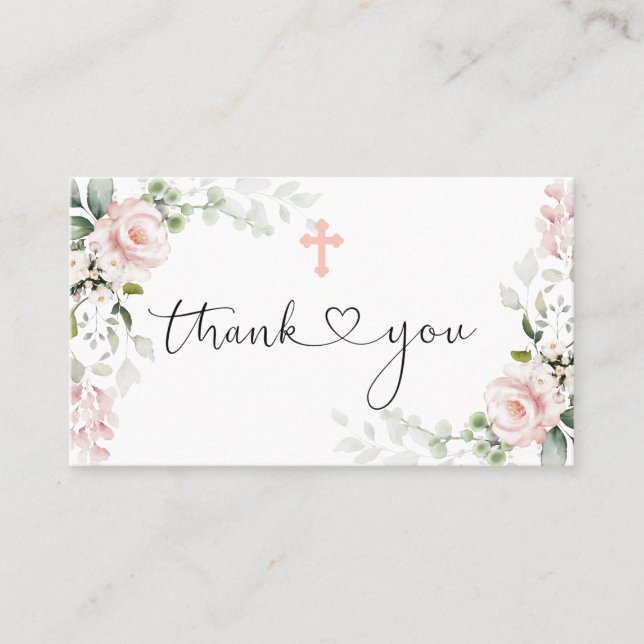 Pink Roses Cross Baptism Thank You Business Card (Front)