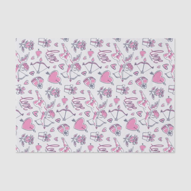 Pink Roses Cupid Love Heart Pattern Valentines Day Tissue Paper (Front)