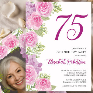 Pink Roses Custom Photo Template 75th Birthday