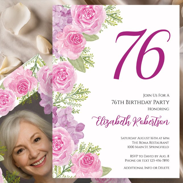 Pink Roses Custom Photo Template 76th Birthday (Creator Uploaded)