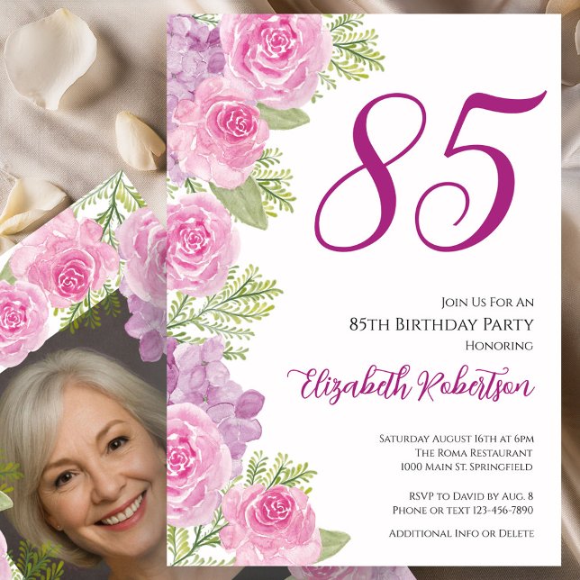 Pink Roses Custom Photo Template 85th Birthday (Creator Uploaded)