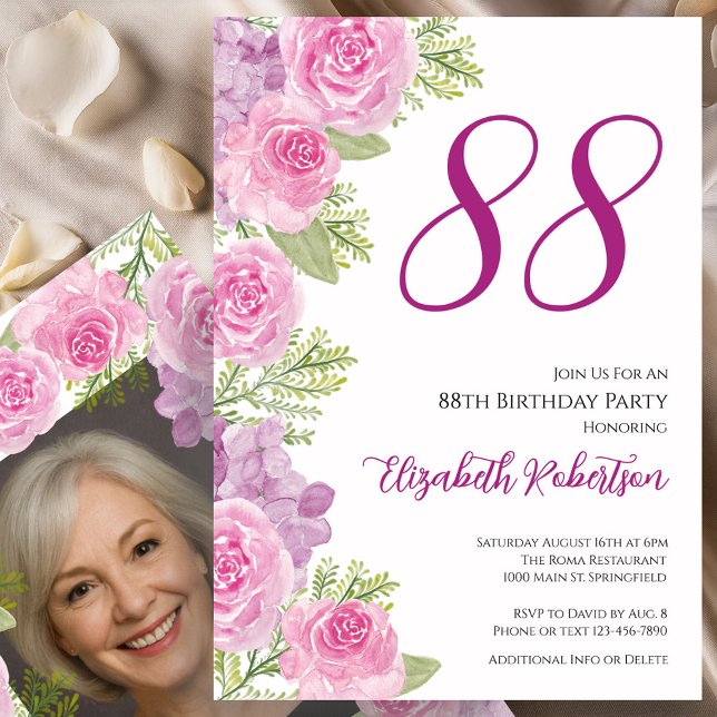 Pink Roses Custom Photo Template 88th Birthday (Creator Uploaded)