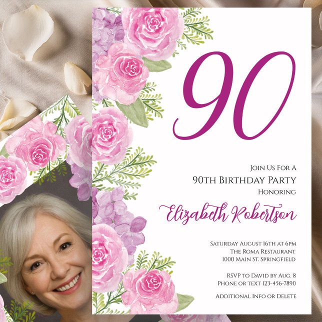 Pink Roses Custom Photo Template 90th Birthday (Creator Uploaded)