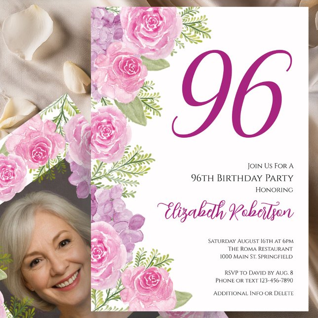 Pink Roses Custom Photo Template 96th Birthday (Creator Uploaded)