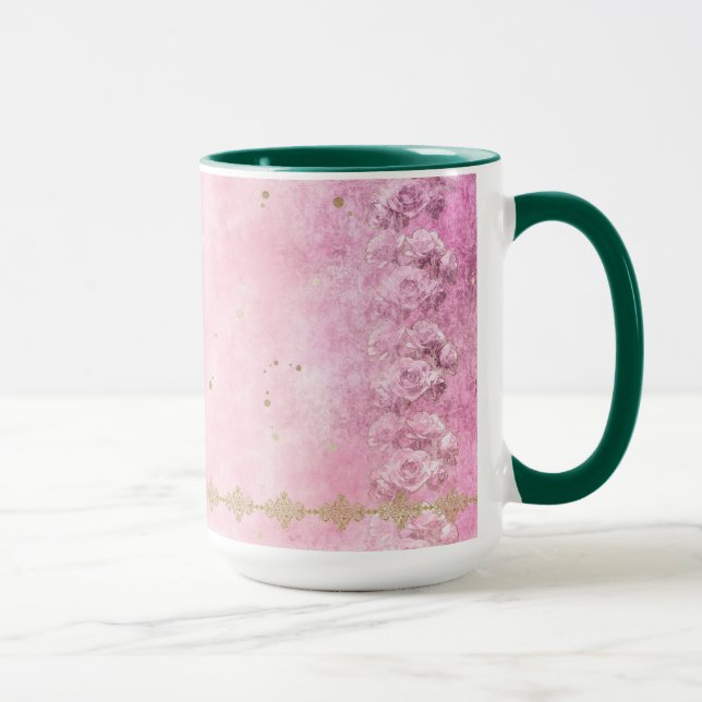 Pink Roses Damask Grunge - Mug, Cup (Right)