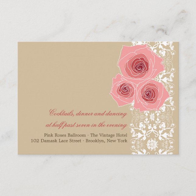 Pink Roses Damask Lace Wedding Reception Card (Front)