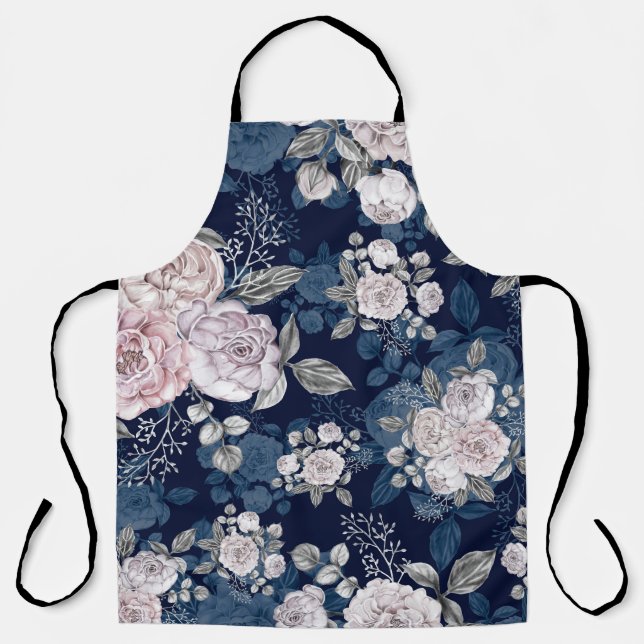 Pink Roses Dark Blue: Vintage Apron (Front)