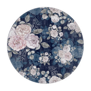 Pink Roses Dark Blue: Vintage Cutting Board