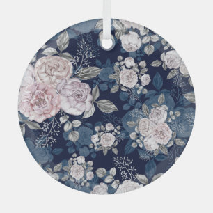 Pink Roses Dark Blue: Vintage Glass Tree Decoration