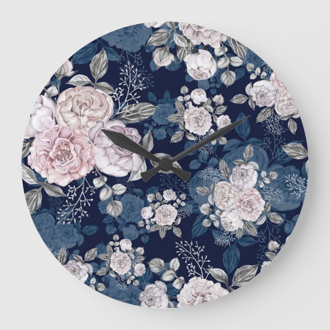 Pink Roses Dark Blue: Vintage Large Clock (Front)