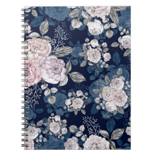 Pink Roses Dark Blue: Vintage Notebook