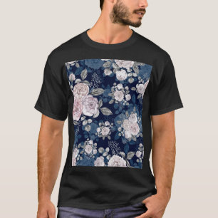Pink Roses Dark Blue: Vintage T-Shirt