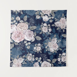 Pink Roses Dark Blue: Vintage Tapestry