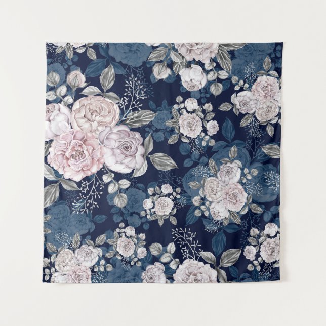Pink Roses Dark Blue: Vintage Tapestry (Front)