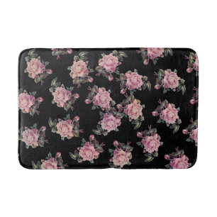 Pink Roses Dark Floral Pattern Shabby Chic Bath Mat