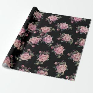 Pink Roses Dark Floral Pattern Shabby Chic Party Wrapping Paper