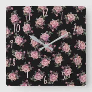 Pink Roses Dark Floral Pattern Shabby Chic Square Wall Clock