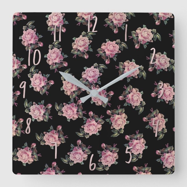 Pink Roses Dark Floral Pattern Shabby Chic Square Wall Clock (Front)