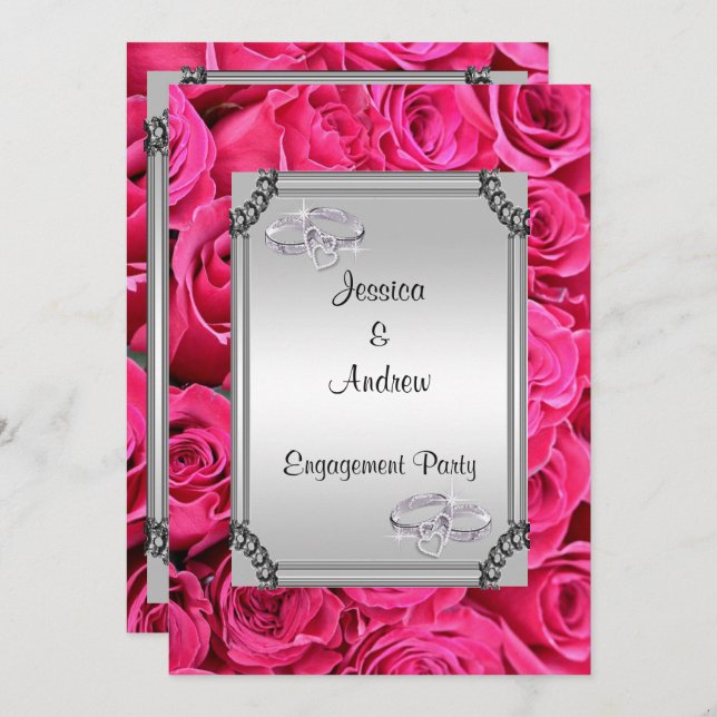 Pink Roses & Diamond Wedding Rings Engagement Invitation (Front/Back)