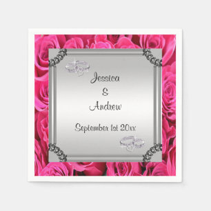 Pink Roses & Diamond Wedding Rings Napkin