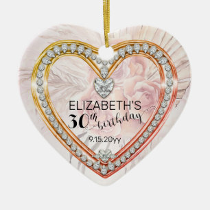 Pink Roses  Diamonds 30th Birthday Keepsake Ceramic Ornament