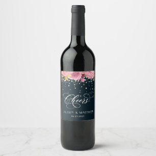 pink roses diamonds cheers sophisticated wedding wine label