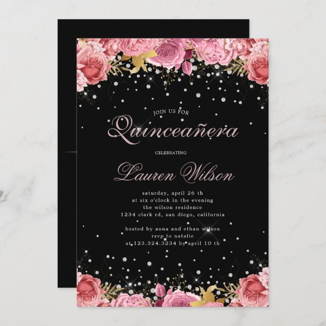 pink roses diamonds elegant Quinceanera Invitation (Front/Back)
