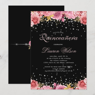 pink roses diamonds elegant Quinceanera Invitation