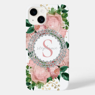 Pink Roses Diamonds Monogram Sparkly Bling Custom Case-Mate iPhone 14 Case