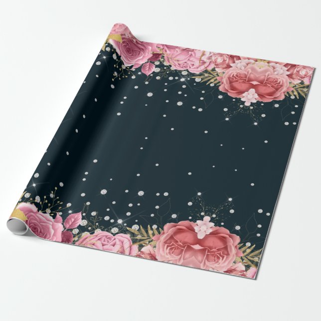 pink roses diamonds navy blue elegant wrapping paper (Unrolled)