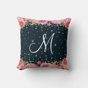 pink roses diamonds sophisticated monogram cushion