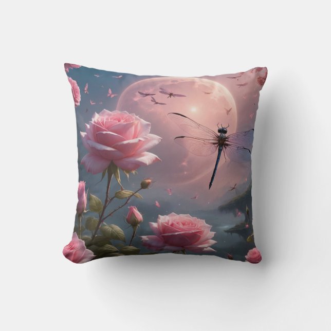 Pink Roses & Dragonfly Cushion (Front)
