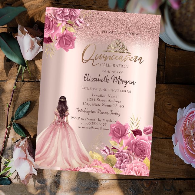 Pink Roses Dress Glitter Rose Gold  Quinceañera Invitation (Creator Uploaded)
