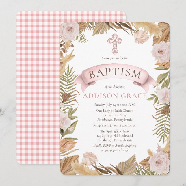 Pink Roses | Dried Grasses Flora Girl Baptism Invitation (Front/Back)