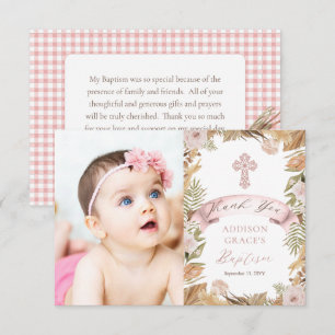 Pink Roses  Dried Grasses Flora Girl Baptism Photo Thank You Card