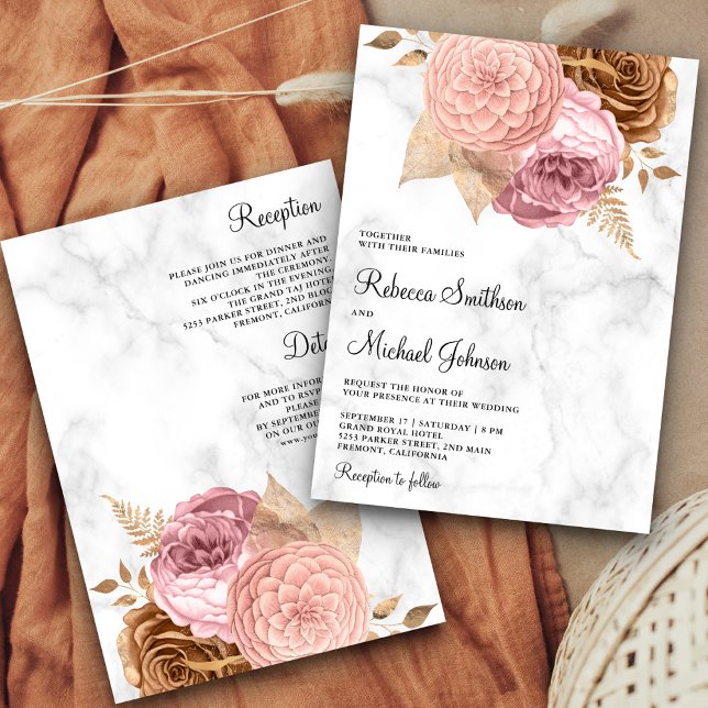 Pink Roses Earthy Floral Marble All in One Wedding Invitation (Creator Uploaded)