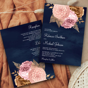 Pink Roses Earthy Floral Navy All in One Wedding Invitation