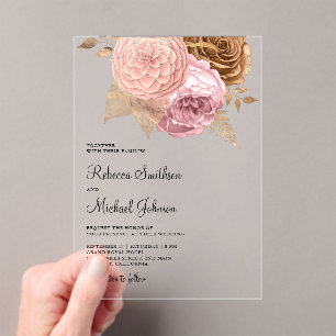 Pink Roses Earthy Floral Wedding Acrylic Invitations