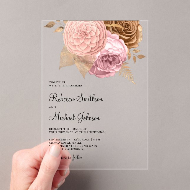 Pink Roses Earthy Floral Wedding Acrylic Invitations (Insitu (Handheld))