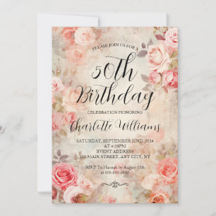 Pink Roses Elegant 50th Birthday Invitation